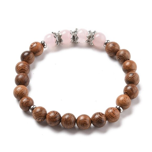 NWOT Natural Rose Quartz Gemstones and wooden Beaded Stretch bracelet 2/$10 - Picture 2 of 4